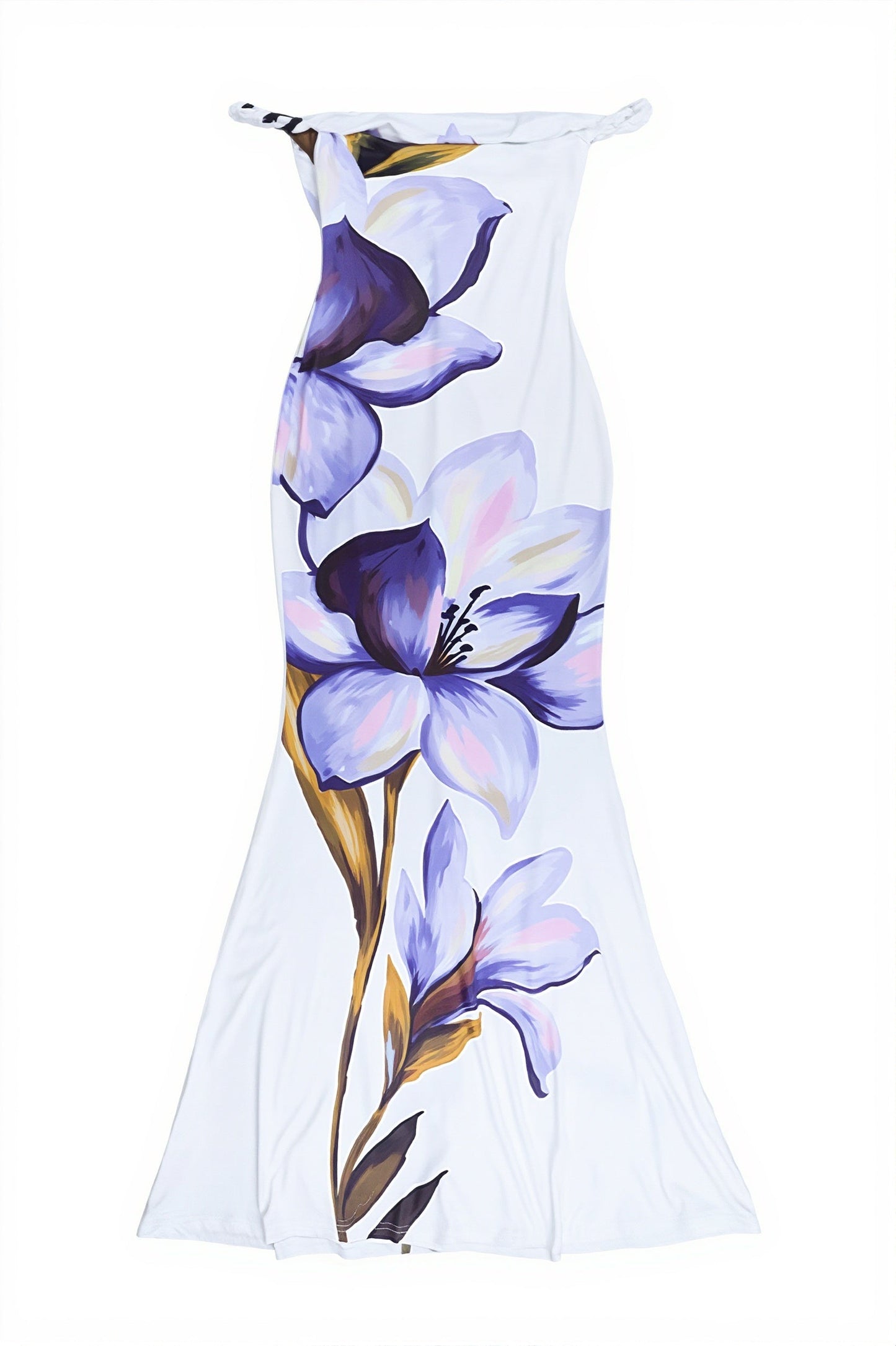 Detail van de print en twist bandjes van de dames maxi jurk