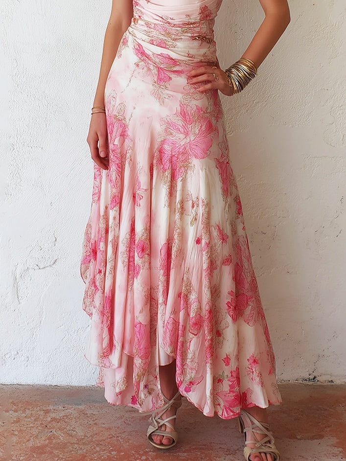 Dames Midi Jurk Met Bloemenprint En Halterhals Roze