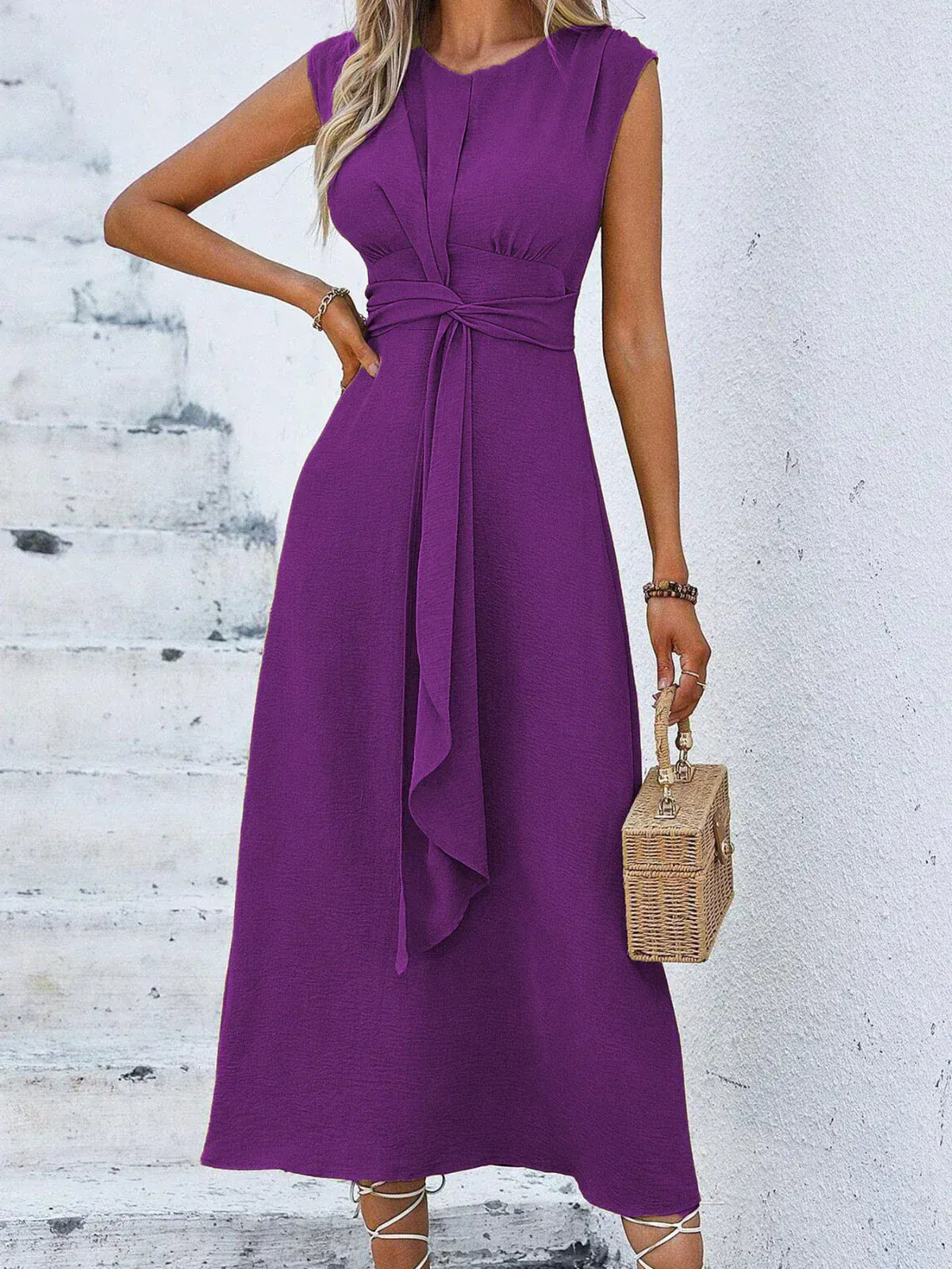Dames Midi Jurk Met Gedrapeerde Taille En Strikdetail