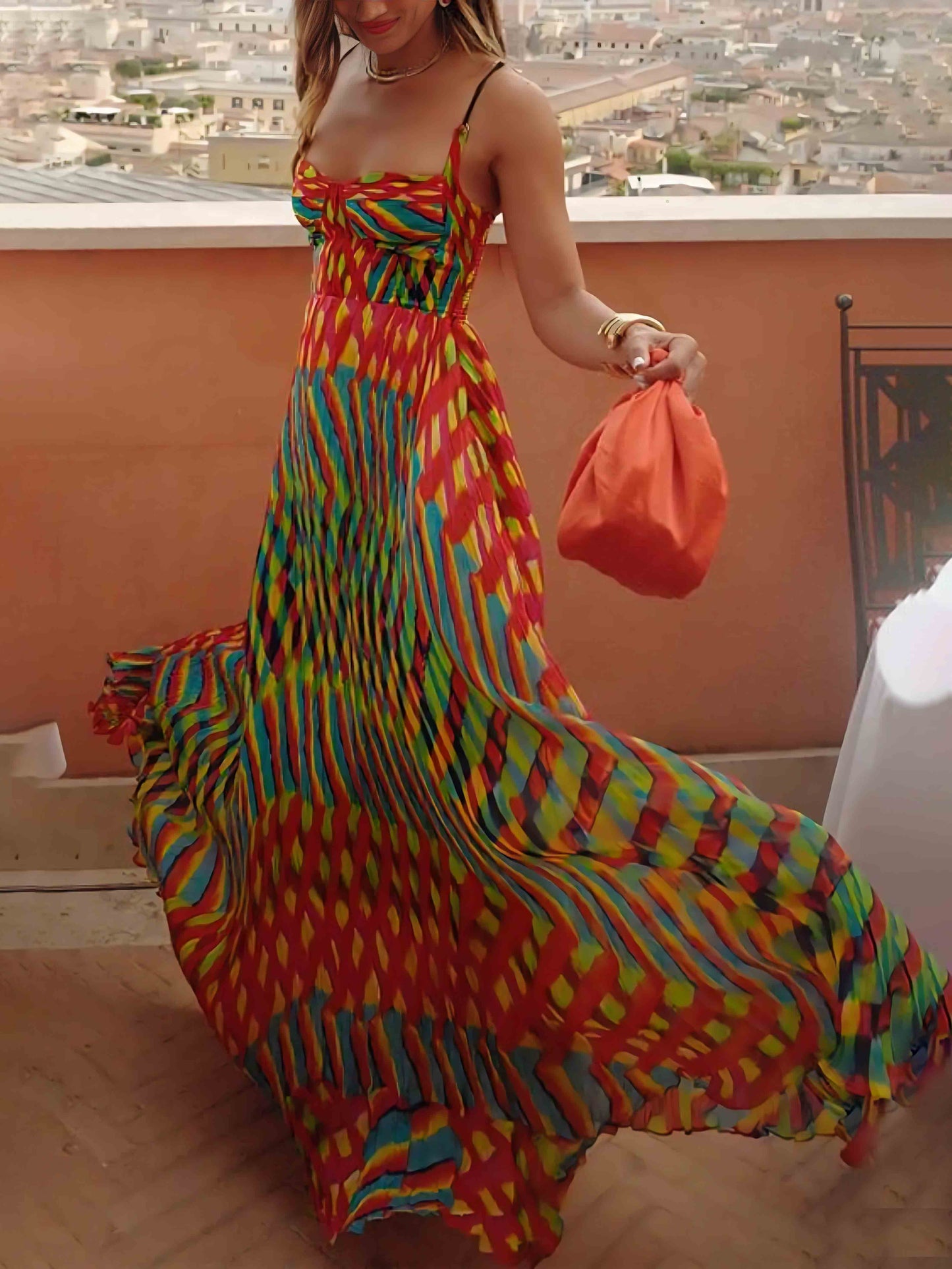 Dames Plissé Maxi Jurk met Geometrische Print Multikleurig