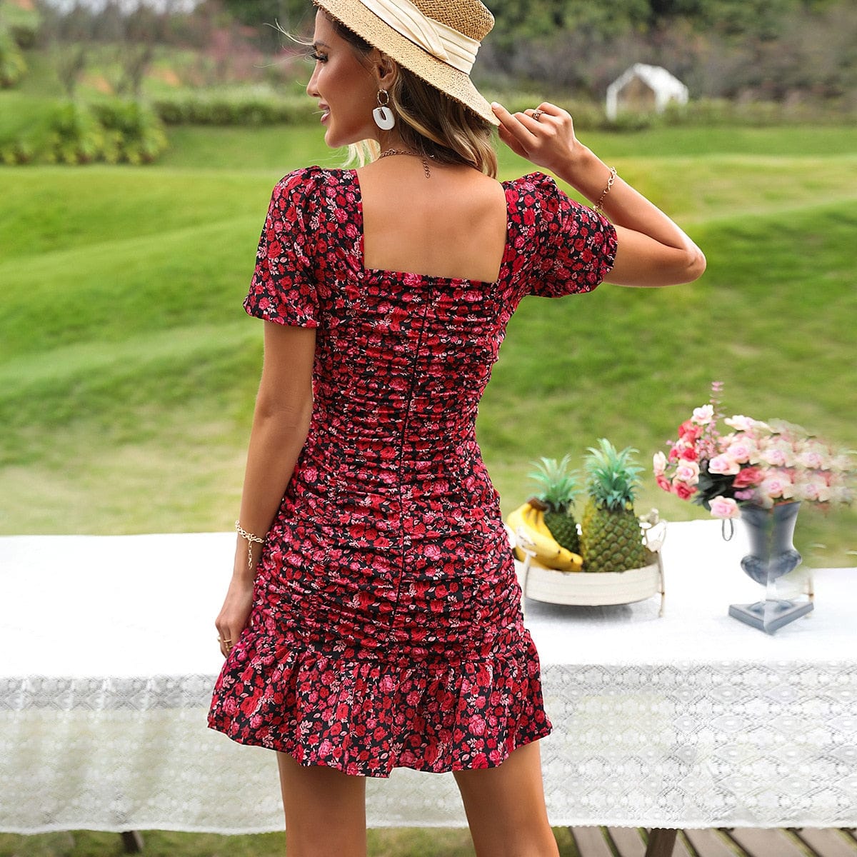 Korte Bloemen Print jurk Met Puff Mouwen