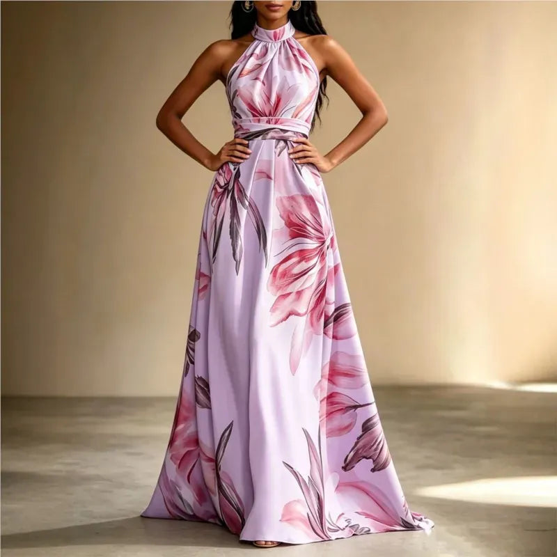 Dames Maxi Jurk Met Bloemenprint En Hoge Taille Roze