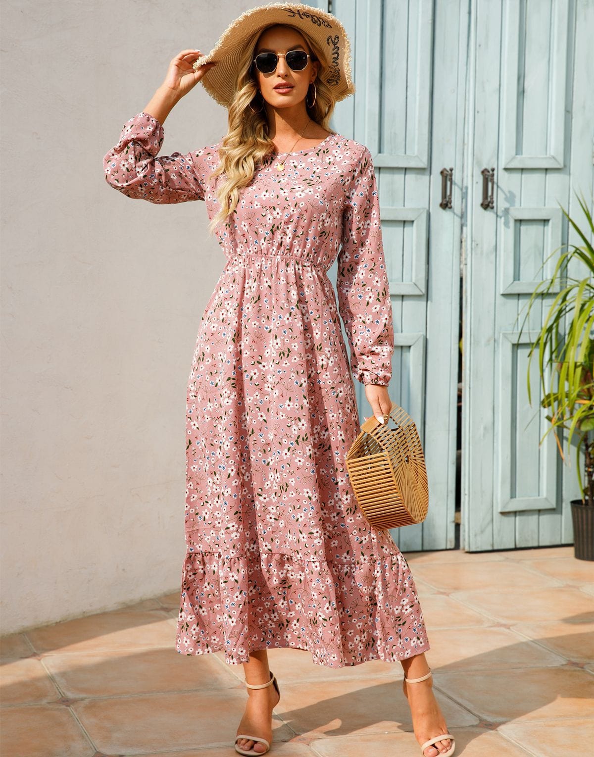 Roze Long Sleeve Maxi Jurk Met Bloemen Print