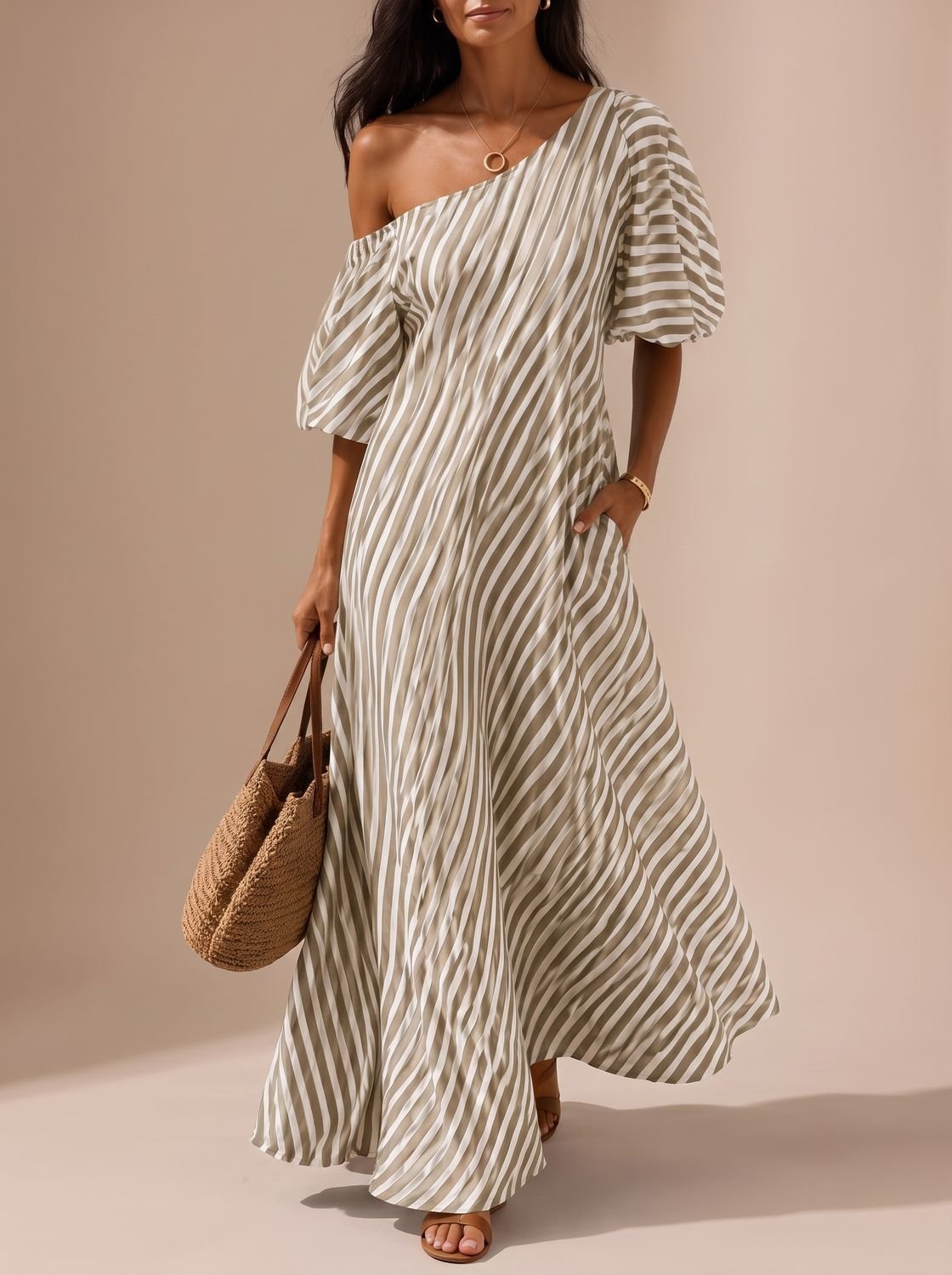 Dames Bohemian Gestreepte Maxi Jurk Met Eén Schouder
