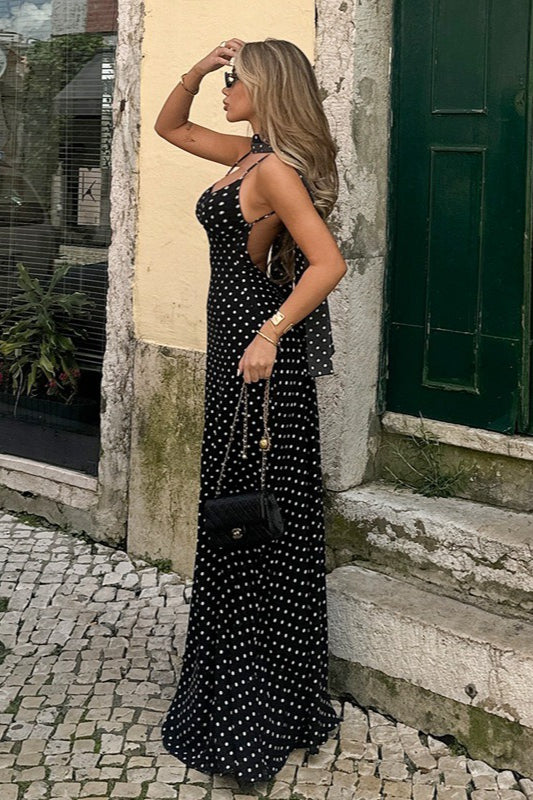 Zwarte polkadot maxi jurk met V-hals en open achterkant