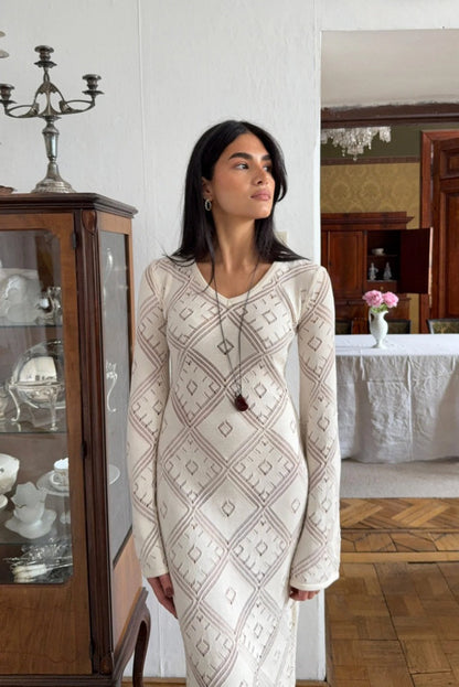 Gebreide Argyle Jacquard Maxi Jurk met Lange Mouwen
