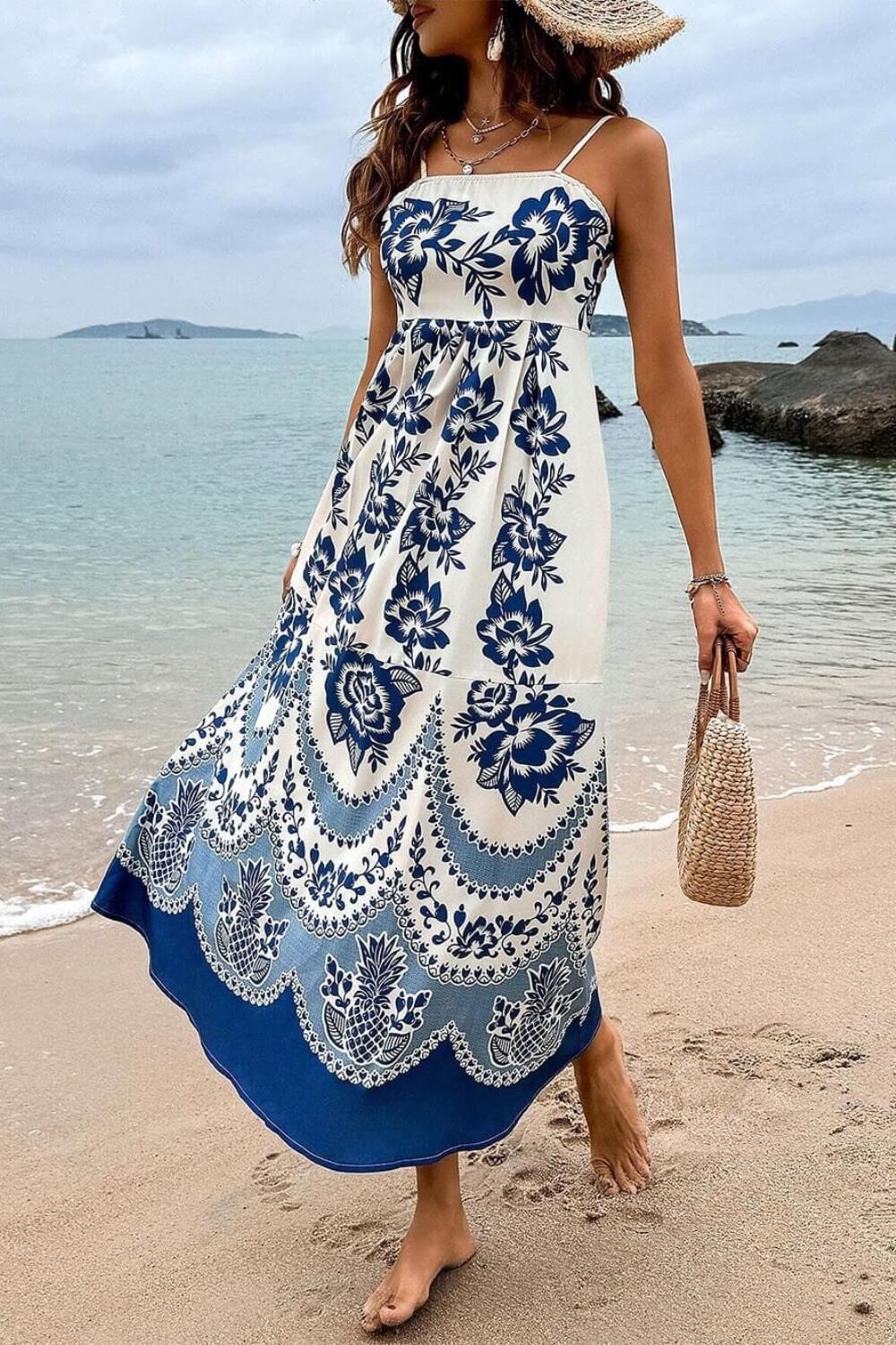 Polyester Midi Jurk met Spaghettibandjes Blauw