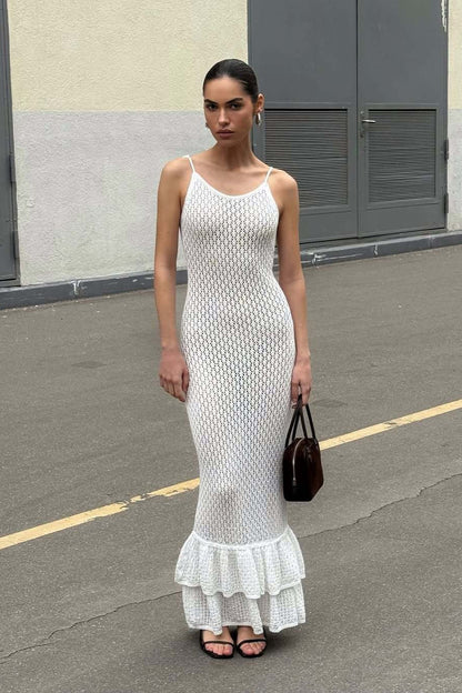 Boho Gebreide Maxi Jurk met Volants en Doorschijnende Cut-out Cami