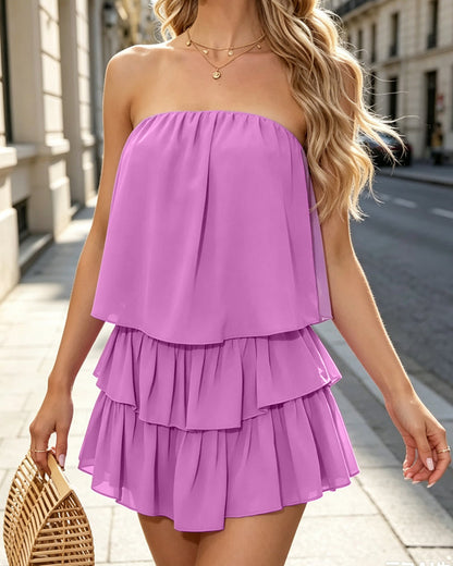 Dames strapless romper met ruche en dubbele laag, achteraanzicht