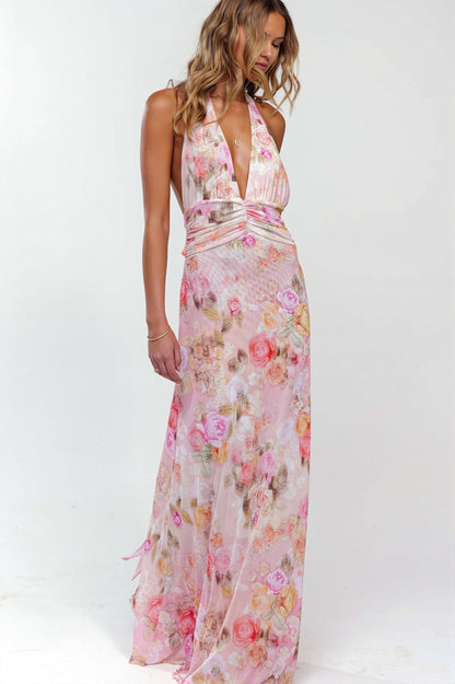 Dames halter maxi jurk met print en open rug vooraanzicht