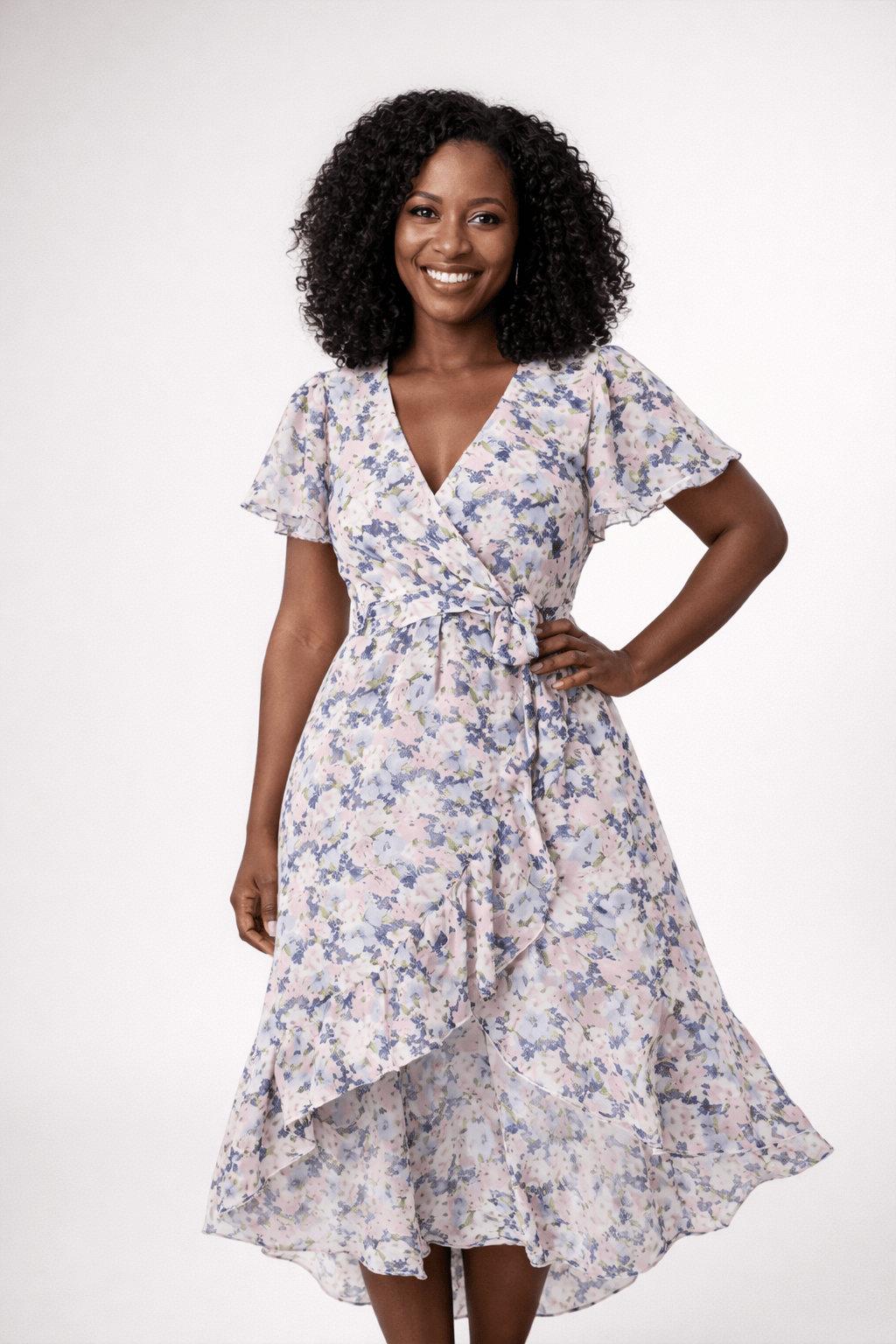 Midi-jurk met bloemenprint en overslag, lichtgewicht polyester