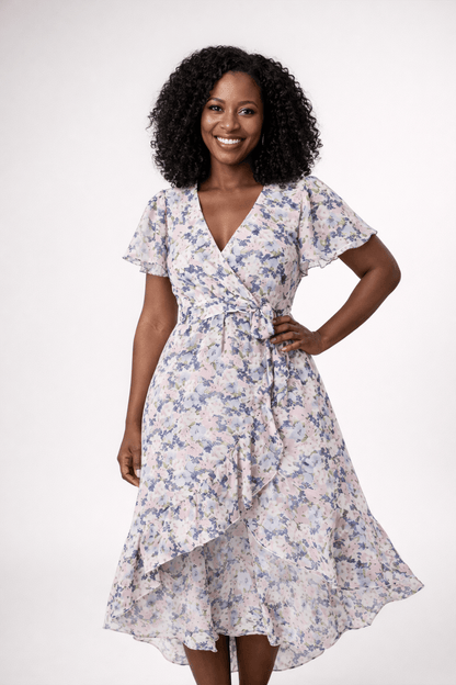 Midi-jurk met bloemenprint en overslag, lichtgewicht polyester