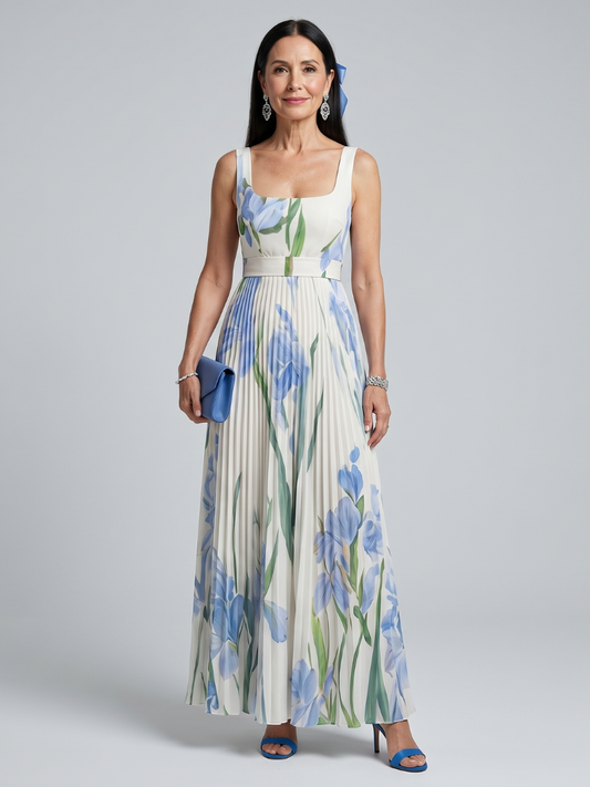 Dames midi jurk met bloemenprint en vierkante halslijn