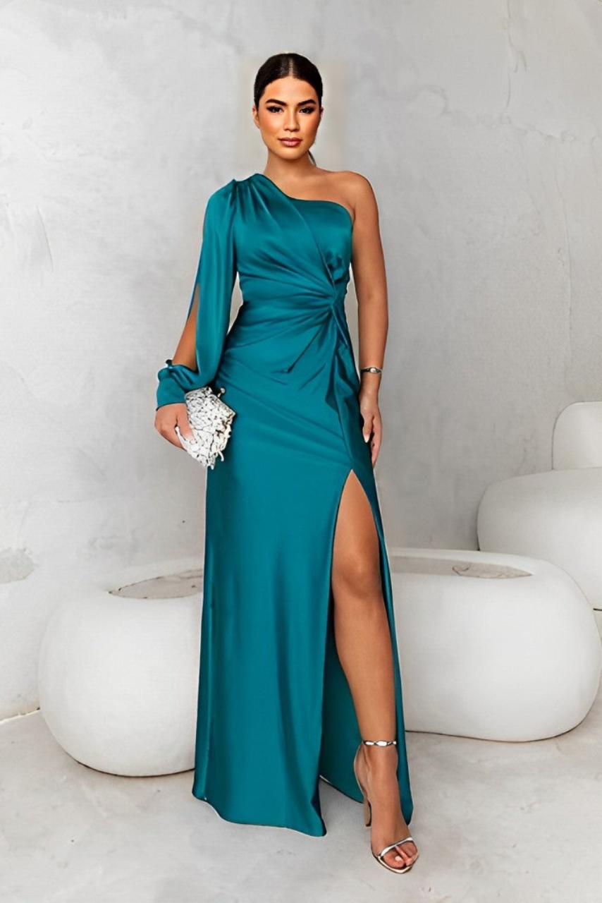 Dames one shoulder maxi jurk met split met elegante pasvorm, achteraanzicht