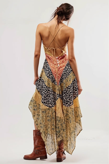 Dames maxi jurk met V-hals en colourblock dessin, detailaanzicht