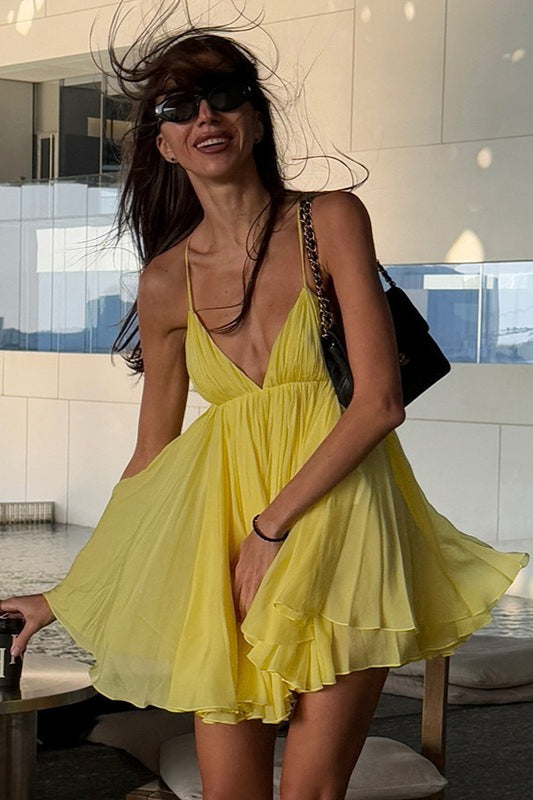 Losvallende polyester spandex V-hals cami minijurk