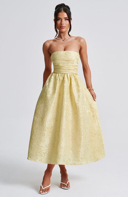 Bloemenjacquard Strapless Plissé Midi-jurk Citroen