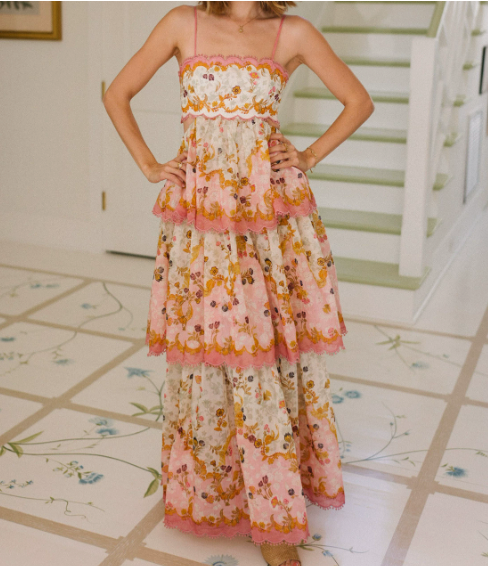 Dames Maxi Jurk met Bloemenprint en Gelaagde Rok Roze