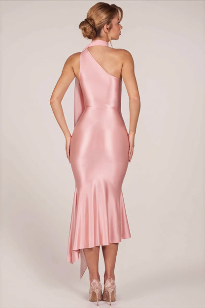 Dames bodycon midi jurk met one shoulder en mesh details, zijkant