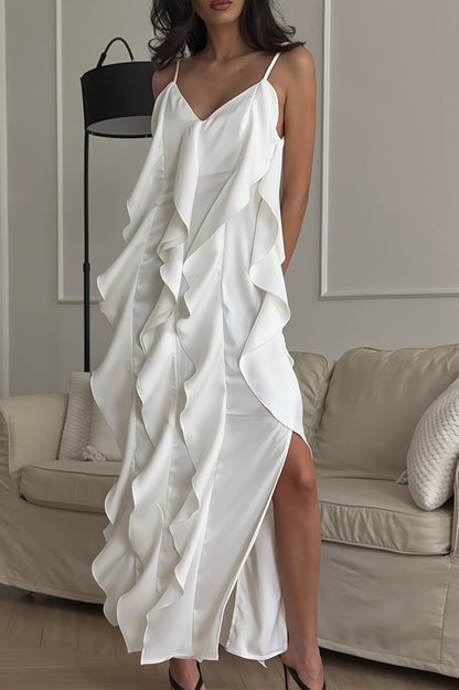 Dames maxi jurk met volants en V-hals, voorkant in volledige lengte