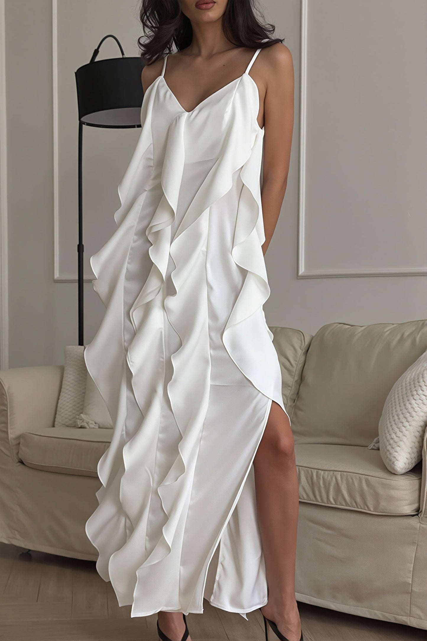 Dames Maxi Jurk Met Volants En V Hals