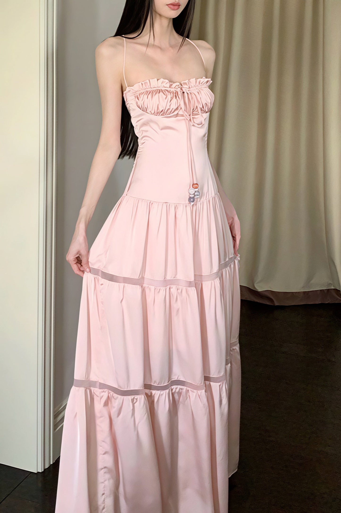 Satin Strapless Maxi Jurk met Strik Roze