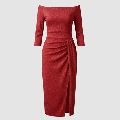 Voorzijde van een dames maxi jurk met off shoulder ontwerp