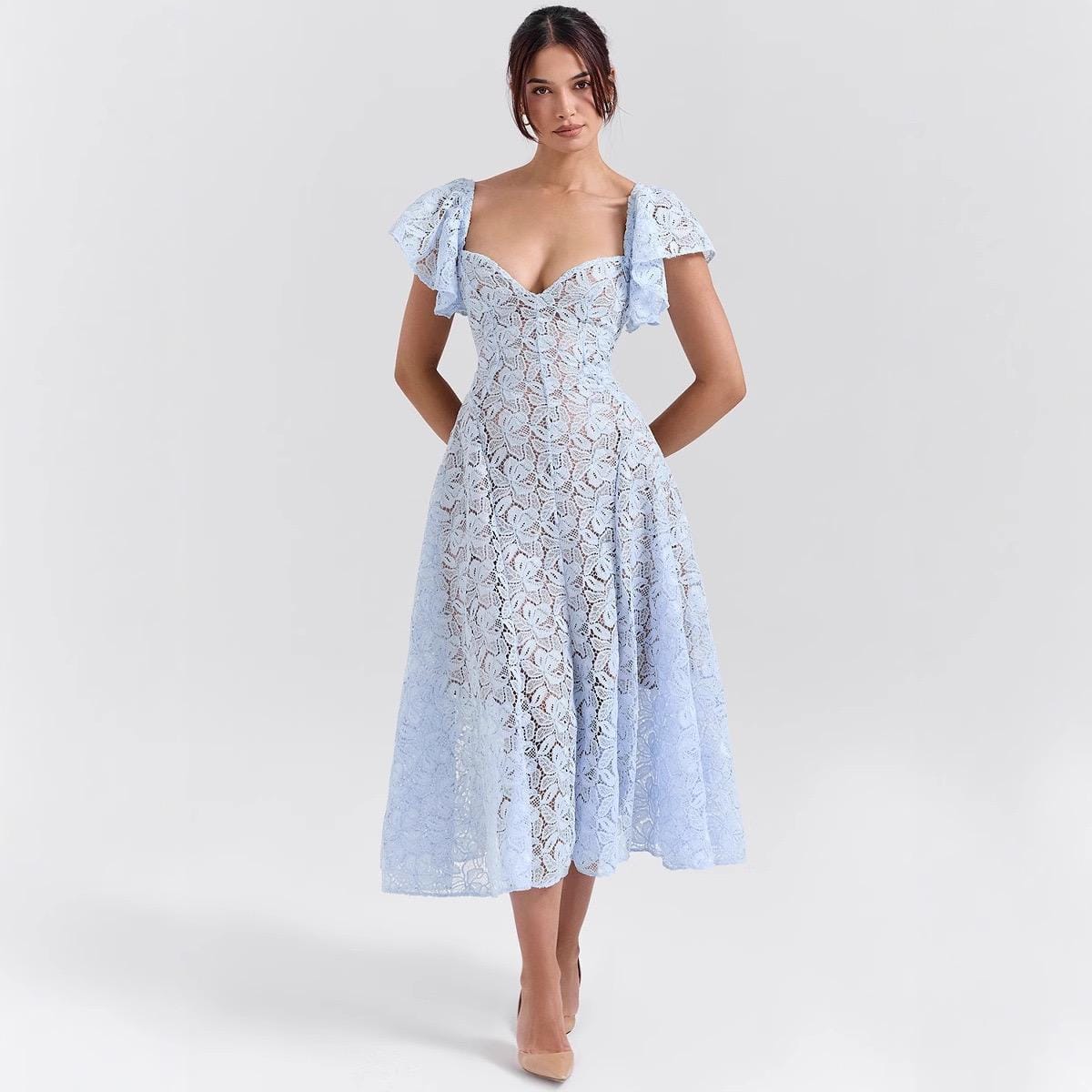Midi-jurk met kanten klokmouwen blauw