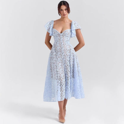 Midi-jurk met kanten klokmouwen blauw