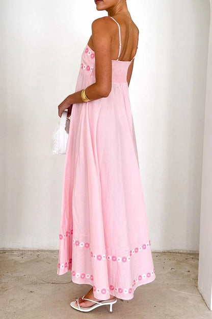 Maxi jurk met bloemenborduursel en spaghetti bandjes van polyester