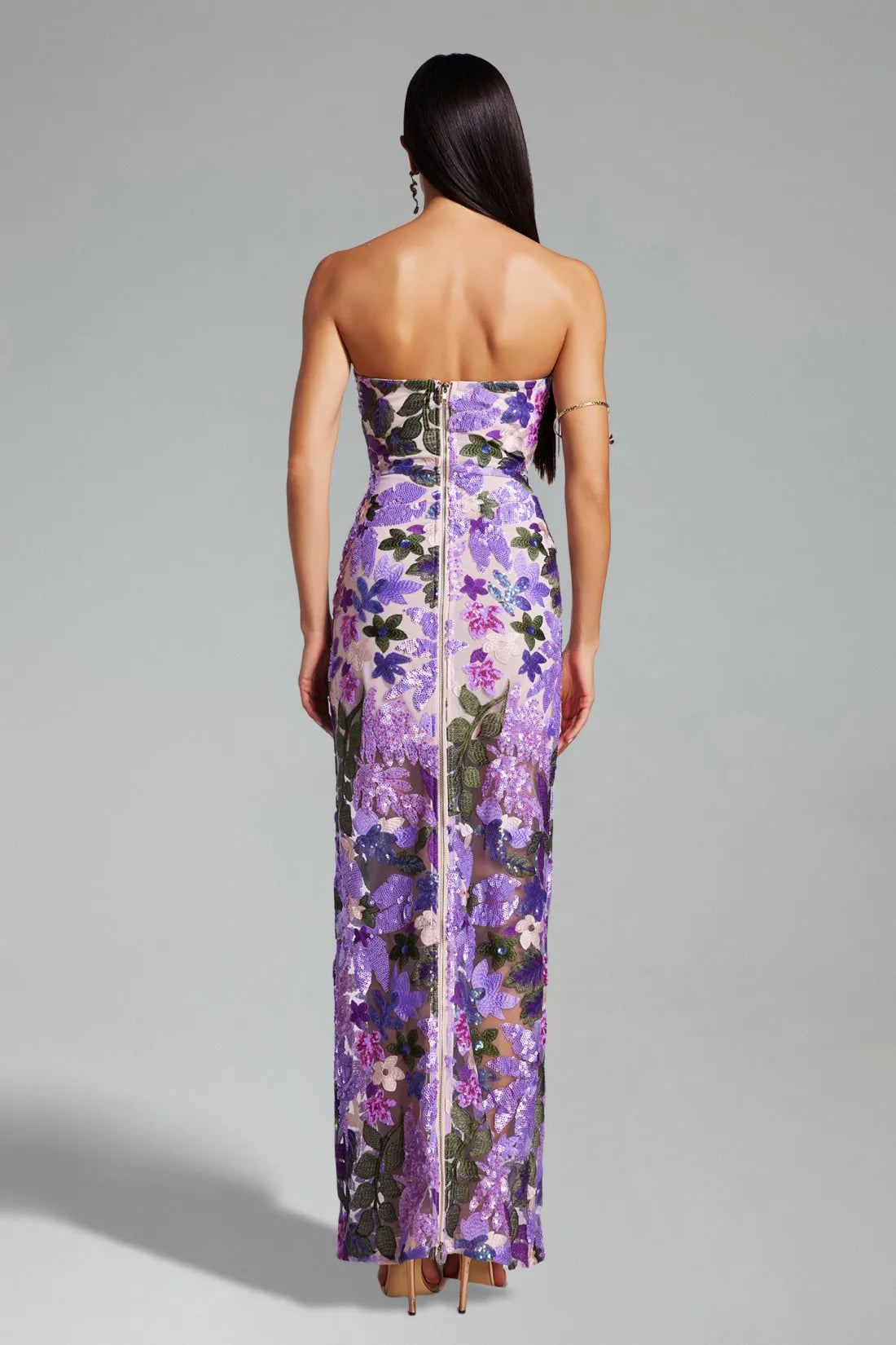 Geborduurde Pailletten Strapless Maxi Jurk zonder Rug Paars
