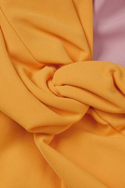 Midijurk met kleurvlakken en ballonmouwen roze oranje