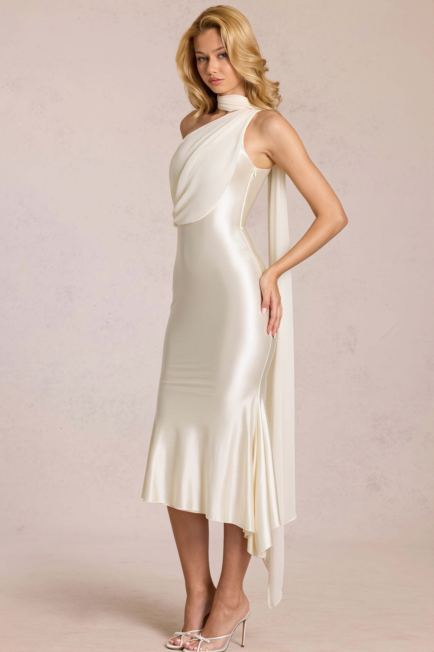 Dames bodycon midi jurk met one shoulder en mesh in volledige look