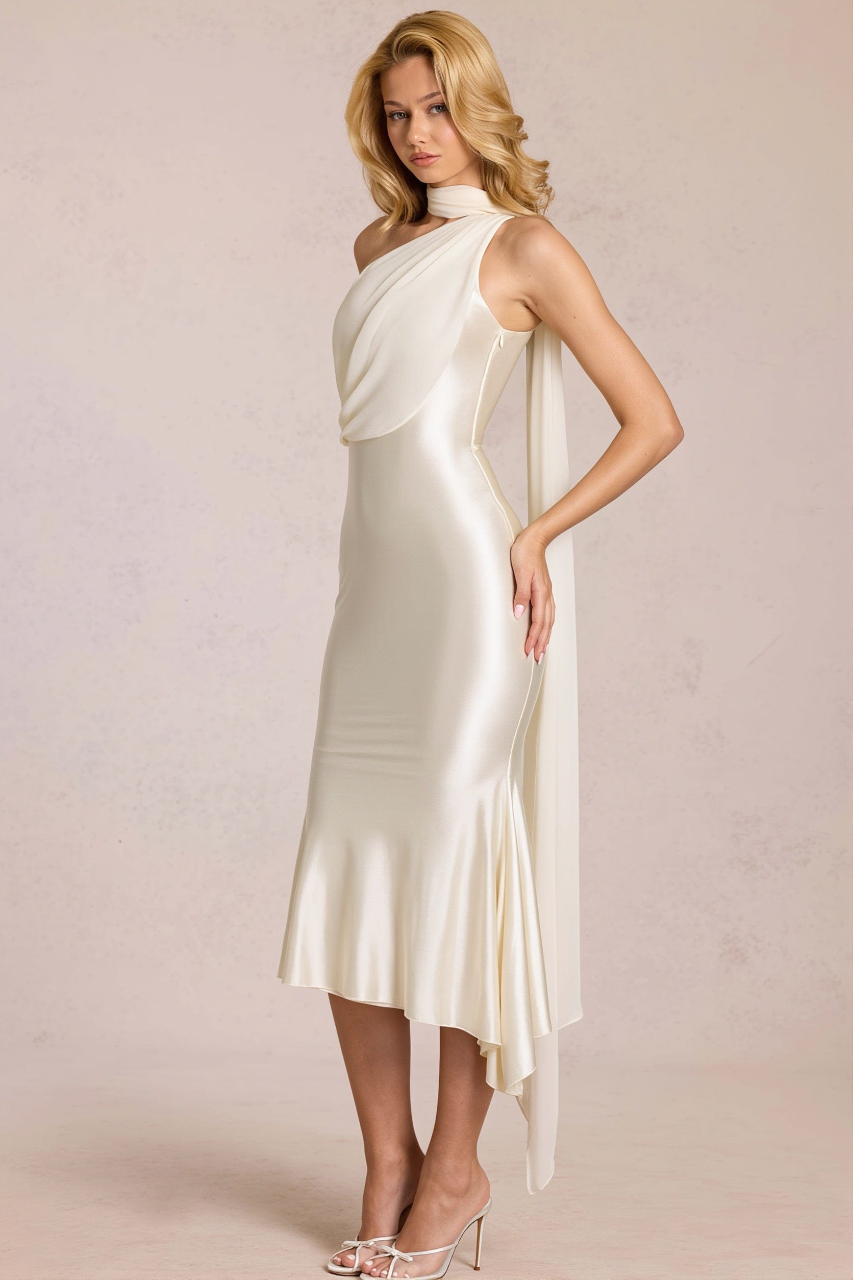 Dames bodycon midi jurk met one shoulder en mesh in volledige look