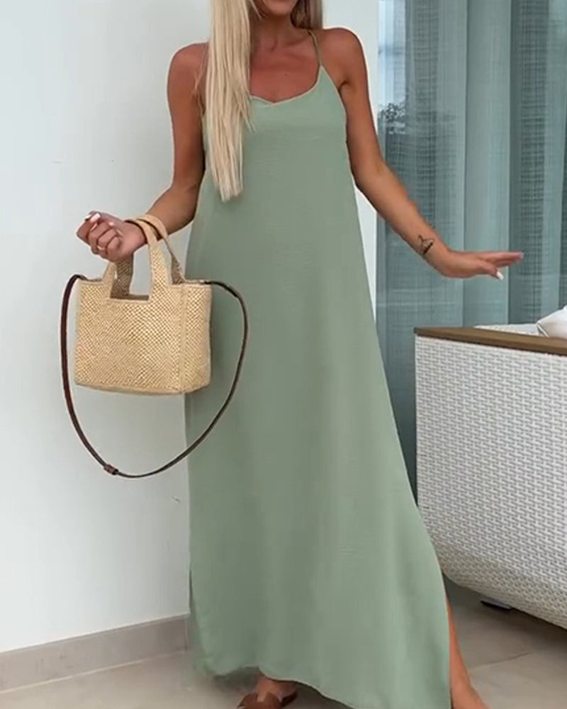 Effen dames maxi jurk detail van de hals en bandjes