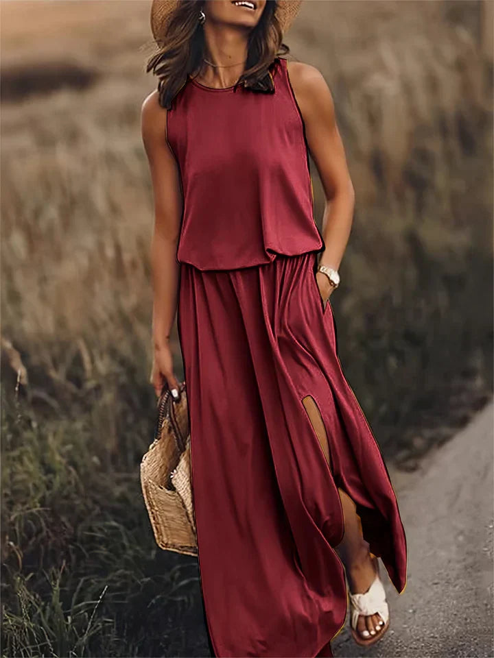Dames lange jurk in effen kleur met ontspannen silhouet