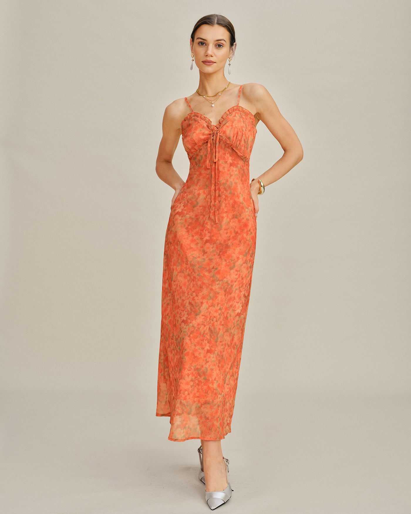 Dames Maxi Jurk A-Lijn met Bloemenkant Oranje
