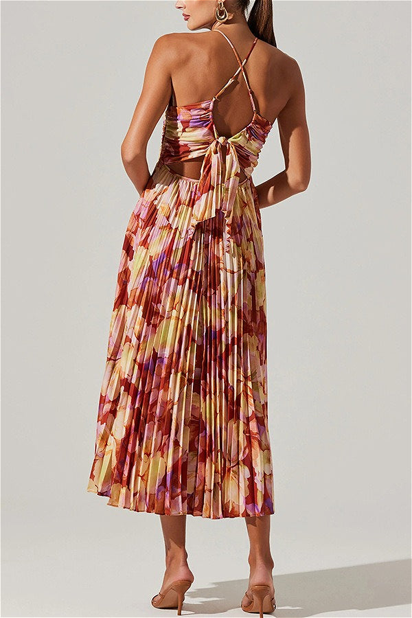 Dames midi jurk met bloemenprint en plissé met vloeiende rok