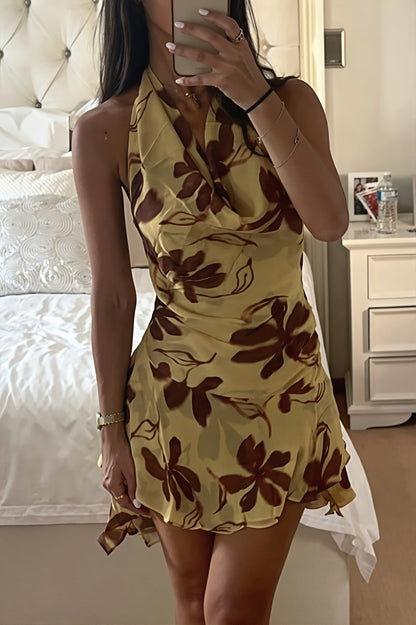 Dames mini jurk met bloemenprint en open rug, zijaanzicht