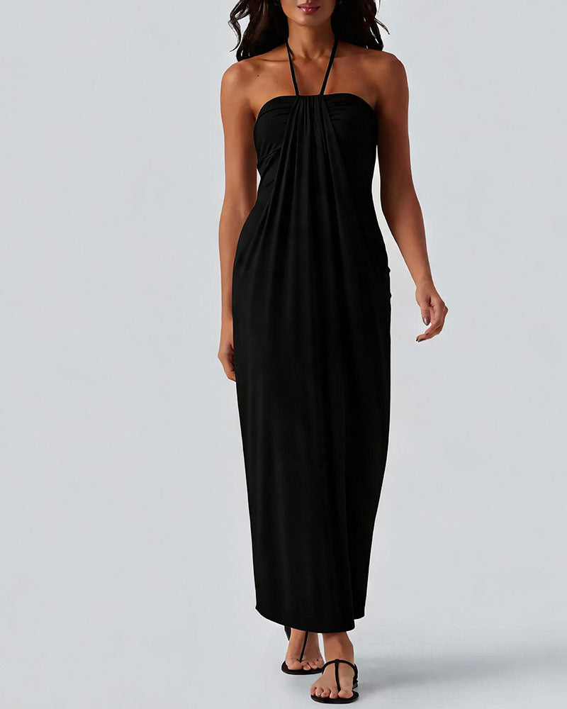 Gedrapeerde lange jurk voor dames met elegante silhouet in close-up