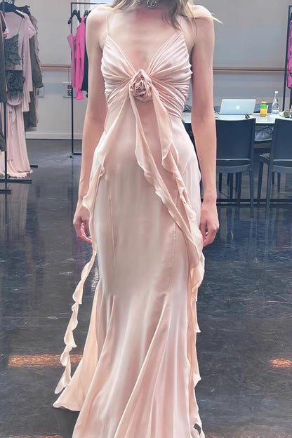 Vliegzaam Polyester Maxi Jurk met Spaghetti Bandjes en Open Rug