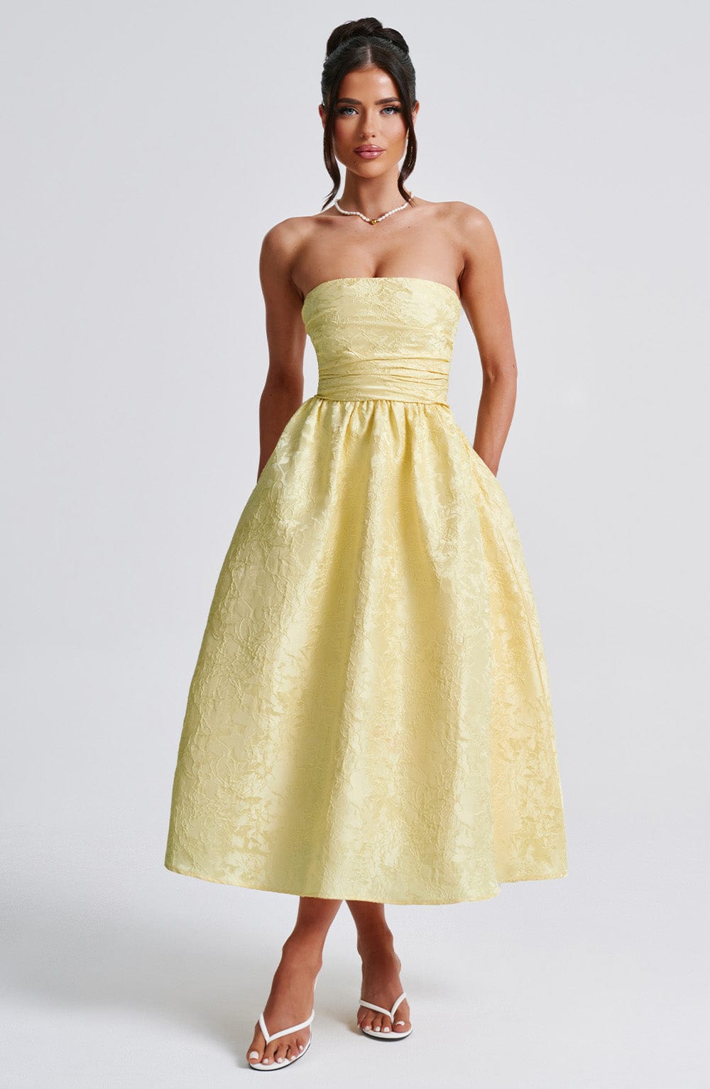 Bloemenjacquard Strapless Plissé Midi-jurk Citroen
