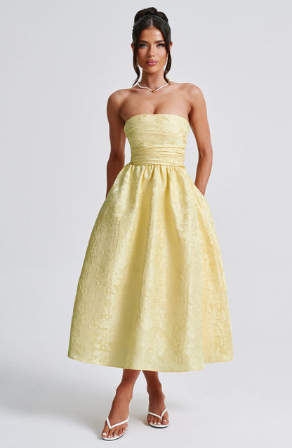 Bloemenjacquard Strapless Plissé Midi-jurk Citroen