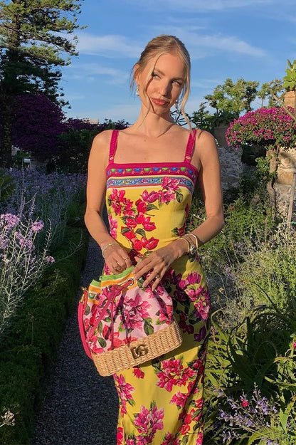 Slim Fit Midi Jurk met Etnische Print en Overslag Geel