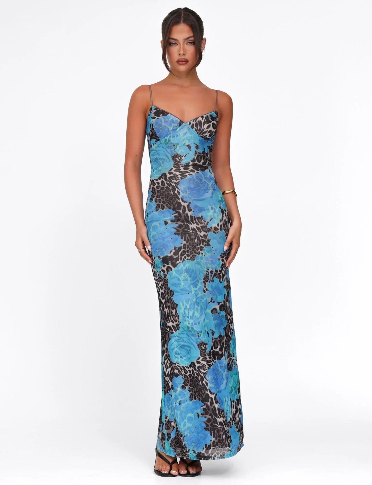 Maxi-jurk met bloemenprint, sweetheart halslijn en aansluitende pasvorm, blauw