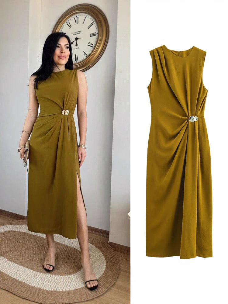 Mouwloze Maxi-Jurk van Polyblend met Hoge Split Olijfgroen