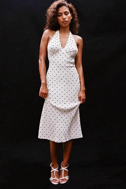Witte polkadot halterjurk met V-hals en midi-lengte