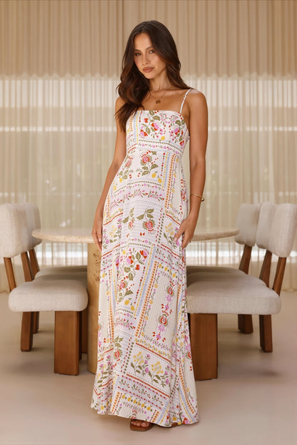 Dames maxi jurk met bloemenprint en vierkante hals, vooraanzicht