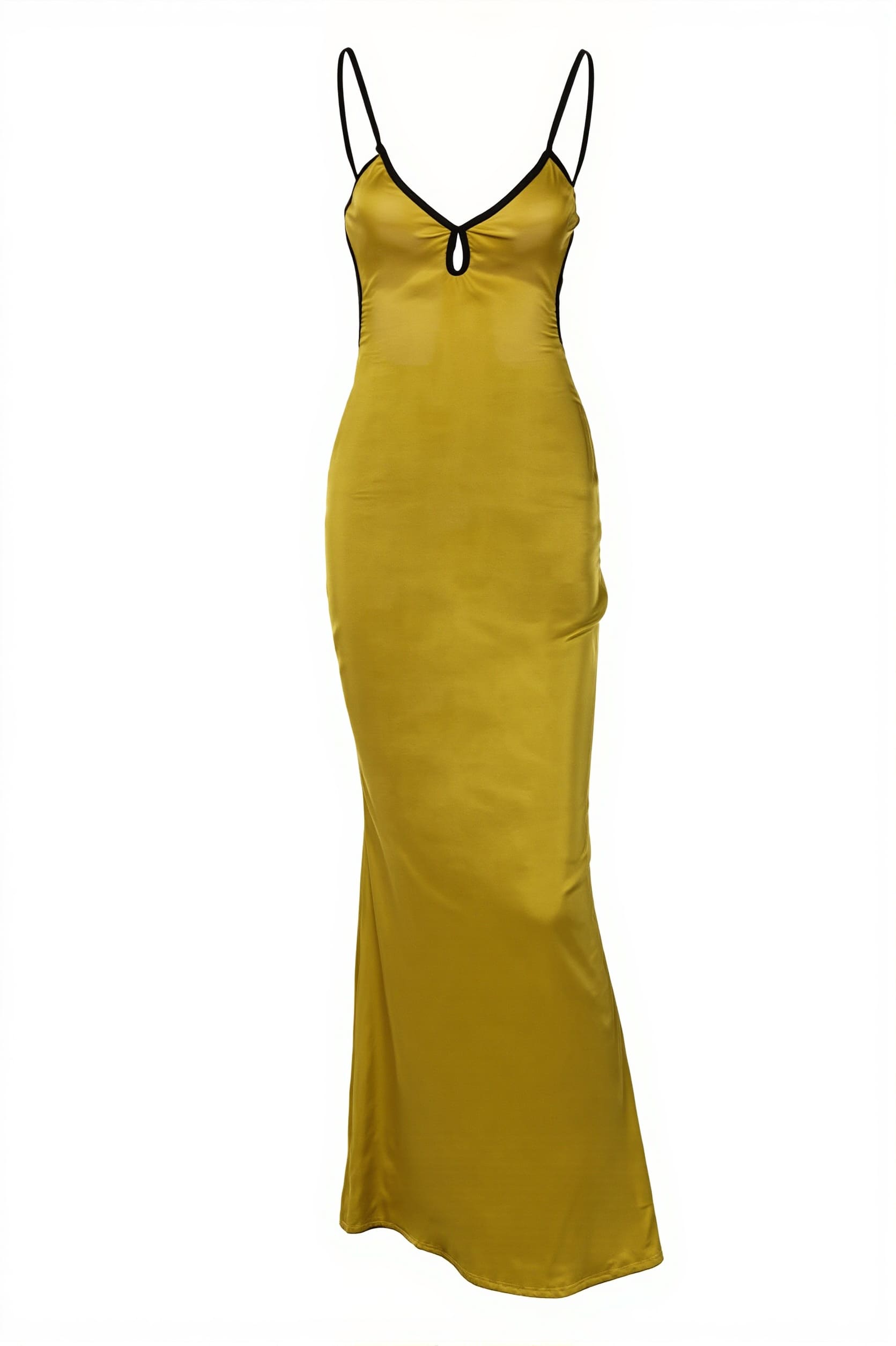 Detail van de elegante maxi jurk met open rug en effen stof