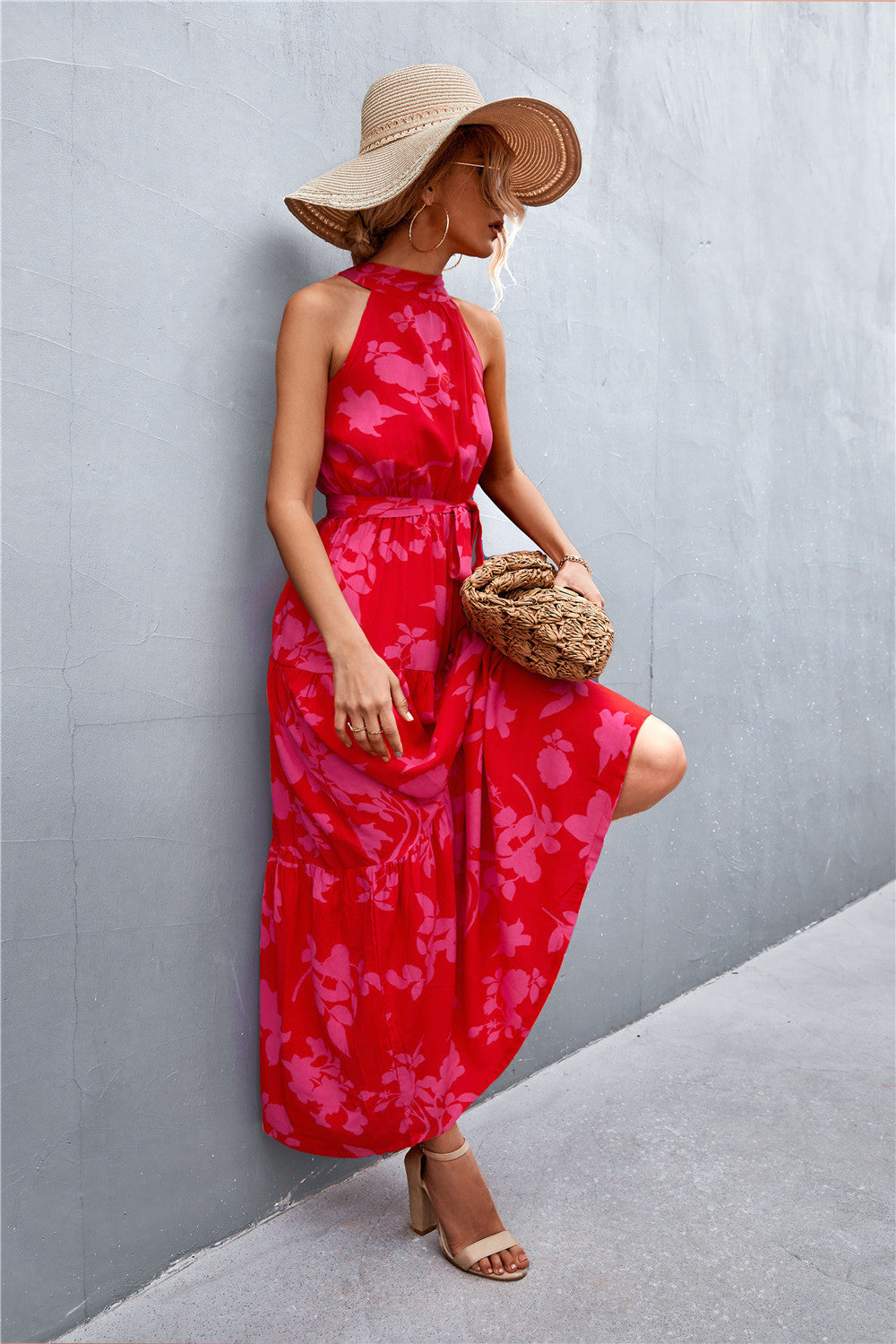 Geprinte Mouwloze Maxi Jurk met Tailleband
